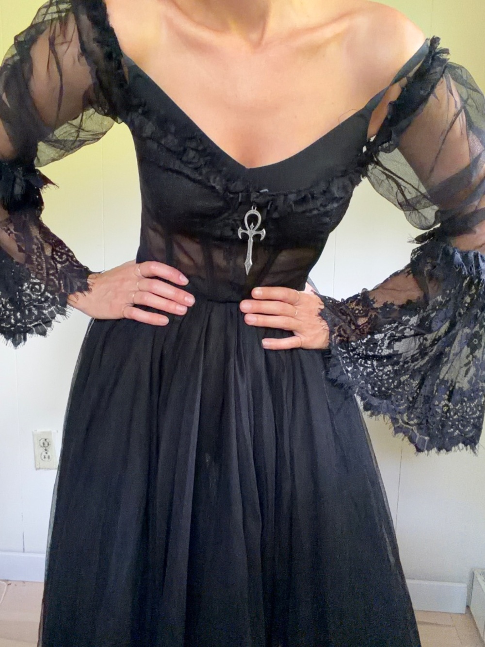 Dolls Kill Widow Goth Dance Death Maxi Dress S Black Lace Corset Sheer
